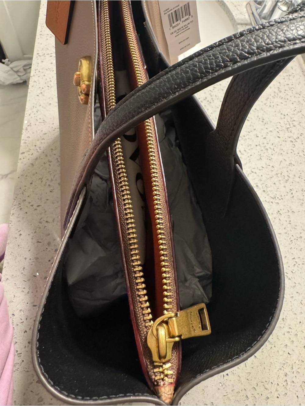 Coach Two-Tone Pebbled Leather Tote Bag in Taupe and Black - Picture 4 of 8